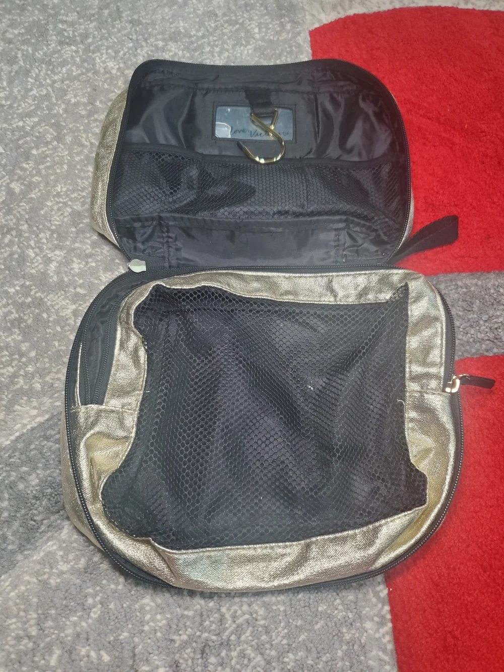 Victoria's Secret Metallic Gold Cosmetic Case with Black Palm Print